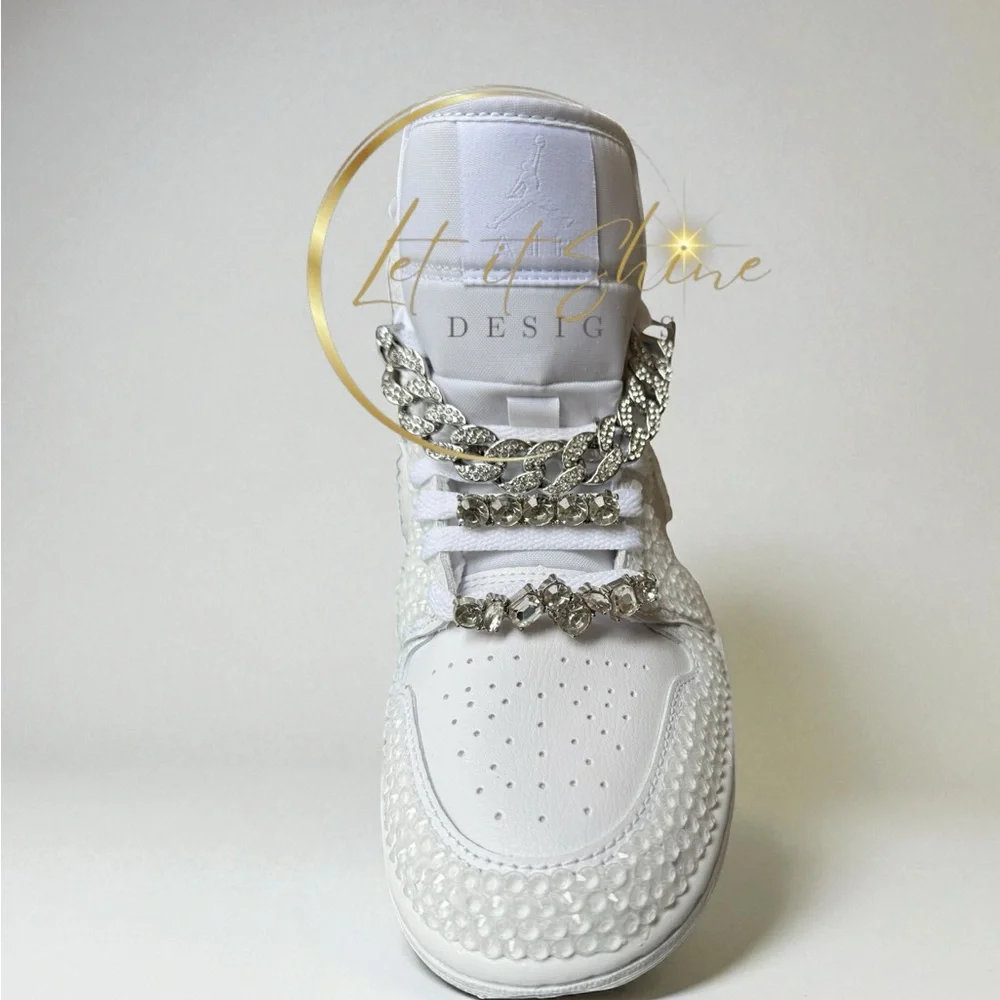 White Bling Wedding Jordan 1 Mid Custom Rhinestone Sneakers - Picture 7 of 12